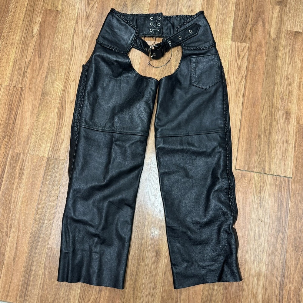 Interstate Leather Riding Chaps Womens L‎ Braided Sides  Pockets Motorcycle